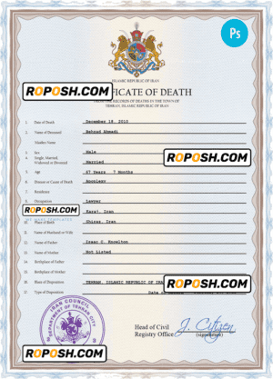 Iran death certificate PSD template, completely editable