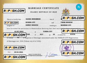 Iran marriage certificate PSD template, fully editable