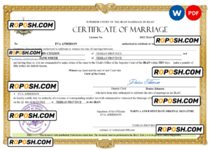 Iran marriage certificate Word and PDF template, fully editable