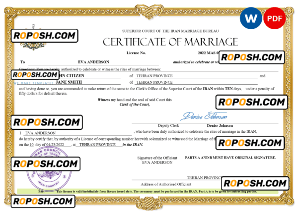 Iran marriage certificate Word and PDF template, fully editable