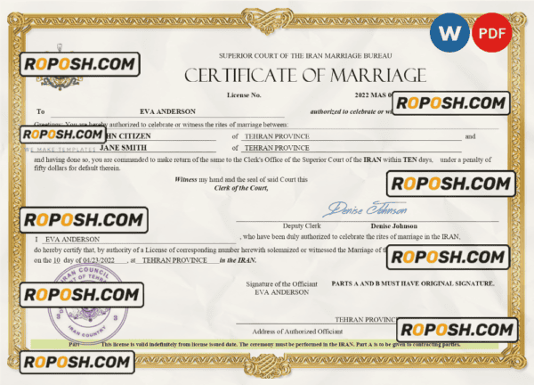 Iran marriage certificate Word and PDF template, fully editable