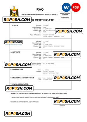 Iraq birth certificate Word and PDF template, completely editable