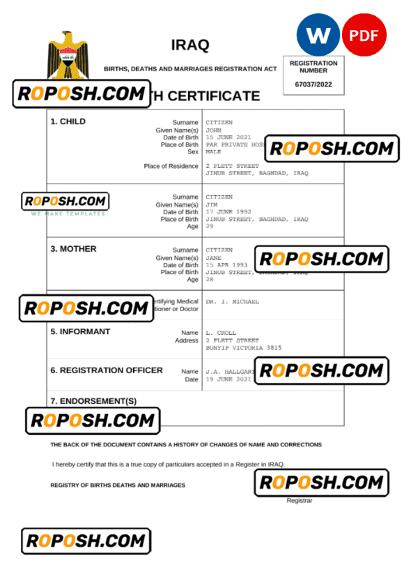Iraq birth certificate Word and PDF template, completely editable