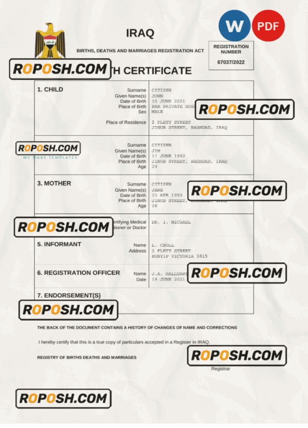 Iraq birth certificate Word and PDF template, completely editable