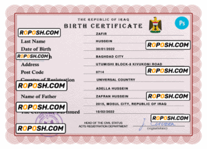 Iraq vital record birth certificate PSD template, fully editable