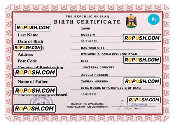 Iraq vital record birth certificate PSD template, fully editable