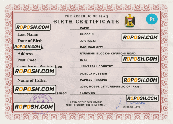 Iraq vital record birth certificate PSD template, fully editable