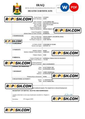 Iraq vital record death certificate Word and PDF template