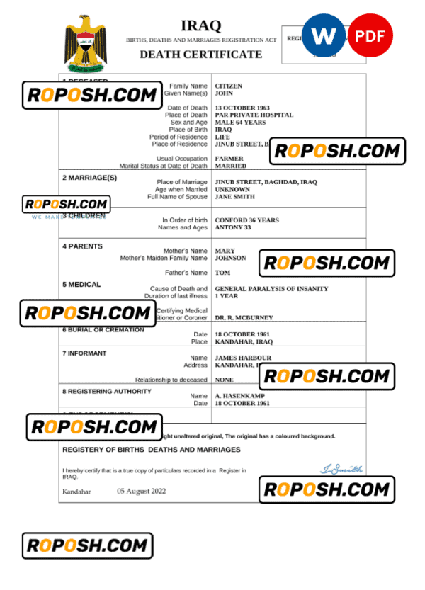 Iraq vital record death certificate Word and PDF template