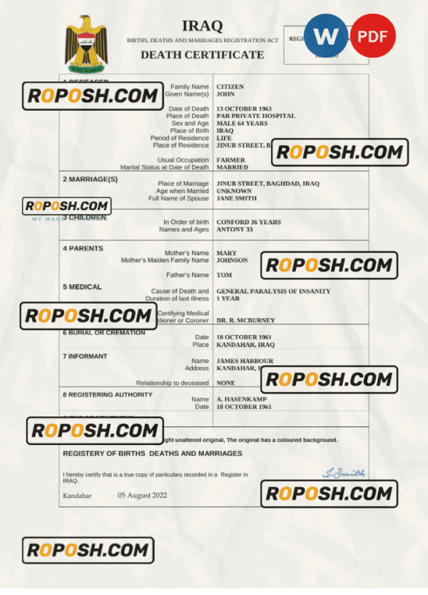 Iraq vital record death certificate Word and PDF template