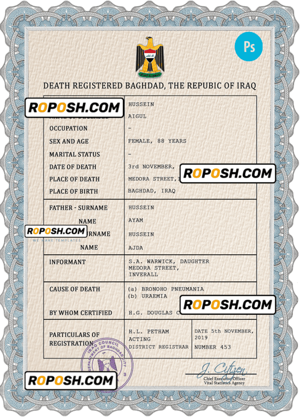 Iraq vital record death certificate PSD template