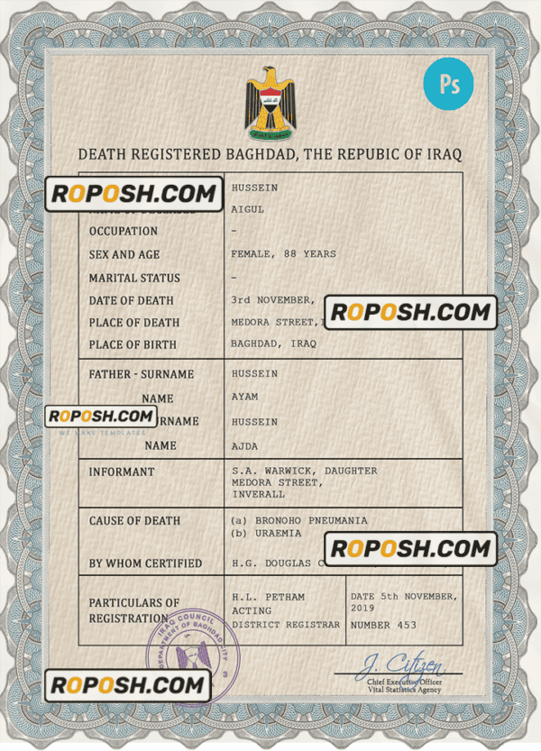 Iraq vital record death certificate PSD template