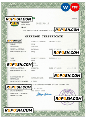Iraq marriage certificate Word and PDF template, completely editable