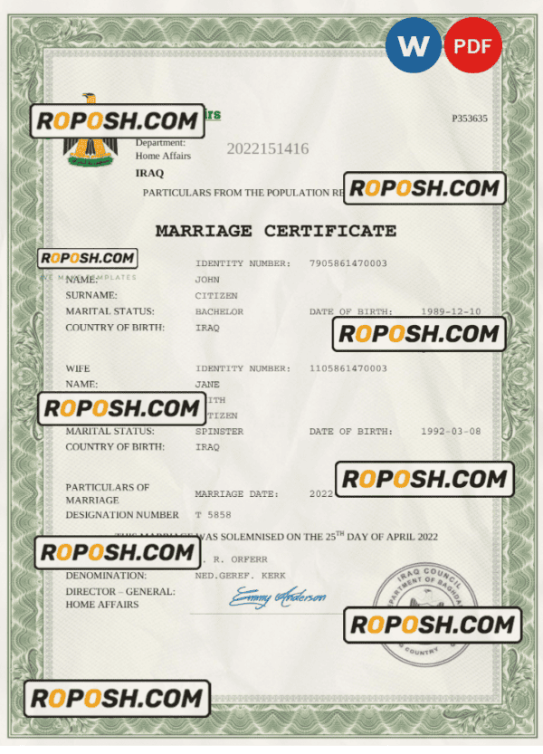 Iraq marriage certificate Word and PDF template, completely editable