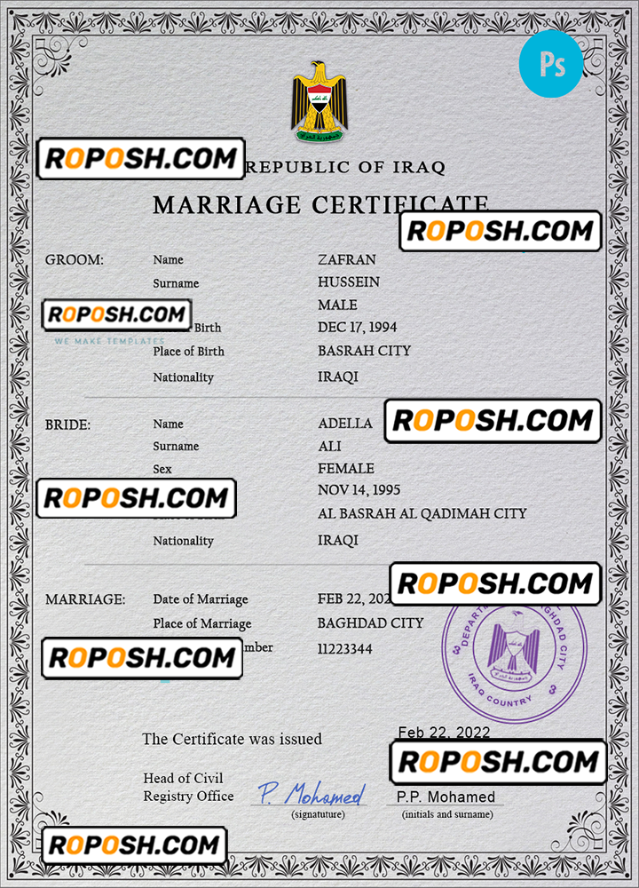 Iraq Marriage Certificate Psd Template Completely Editable Roposh 1772