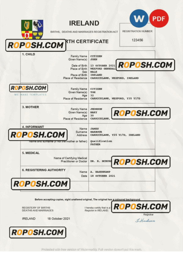 Ireland birth certificate Word and PDF template, completely editable