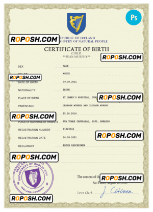 Ireland vital record birth certificate PSD template
