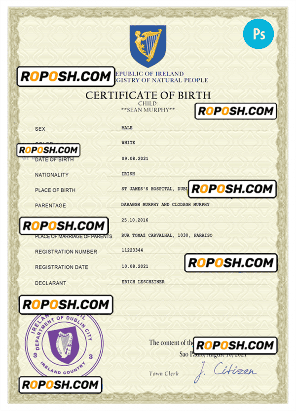 Ireland vital record birth certificate PSD template