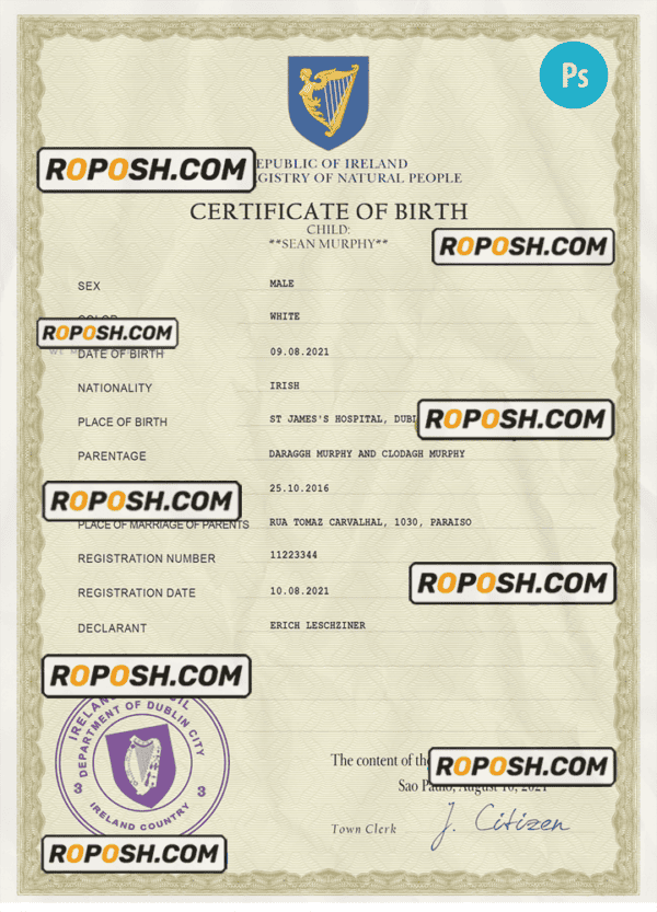 Ireland vital record birth certificate PSD template