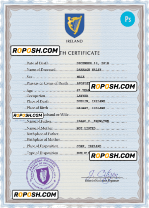 Ireland vital record death certificate PSD template, completely editable