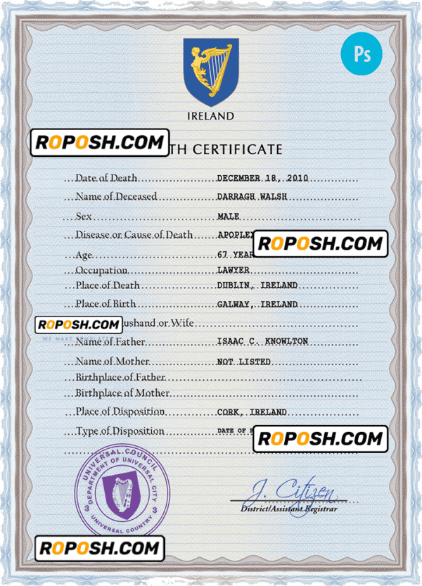 Ireland vital record death certificate PSD template, completely editable