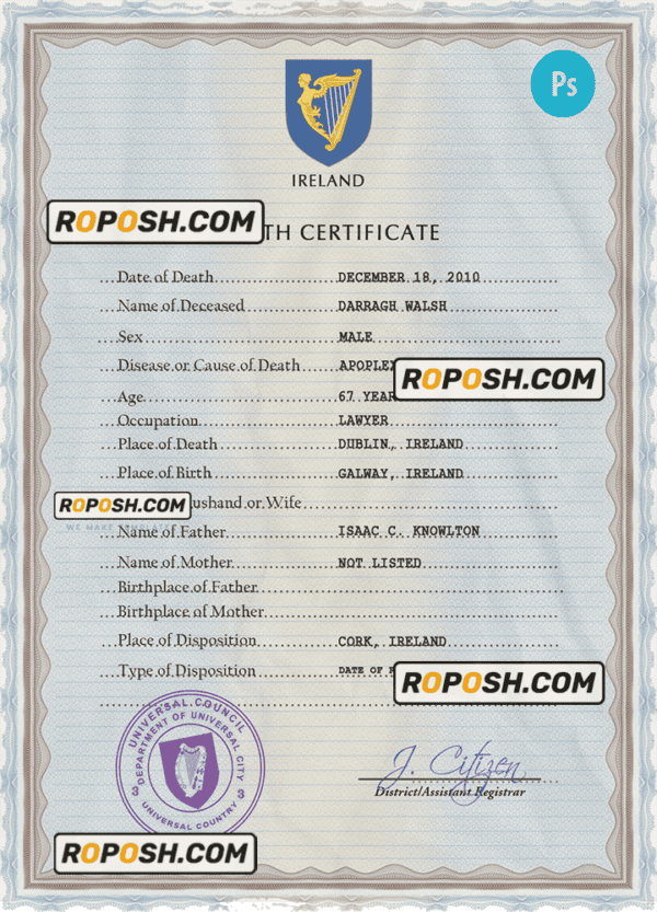 Ireland vital record death certificate PSD template, completely editable