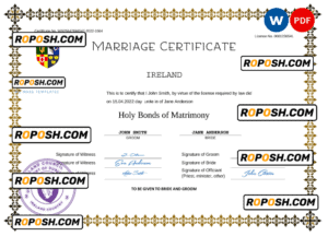 Ireland marriage certificate Word and PDF template, fully editable