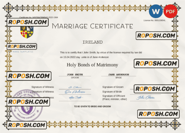 Ireland marriage certificate Word and PDF template, fully editable