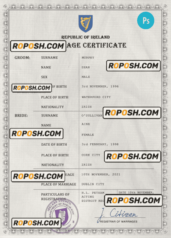 Ireland marriage certificate PSD template, fully editable