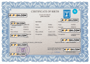 Israel vital record birth certificate PSD template, completely editable
