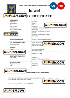 Israel death certificate Word and PDF template, completely editable