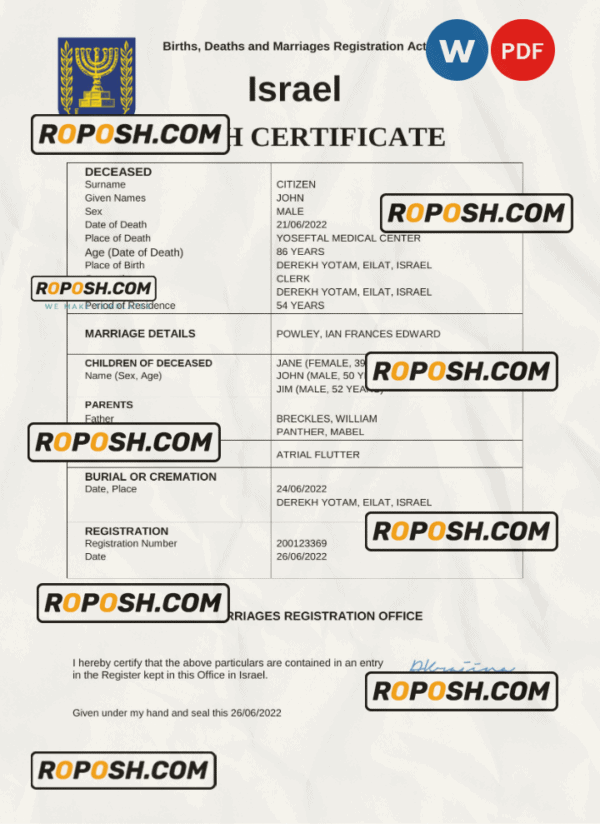 Israel death certificate Word and PDF template, completely editable
