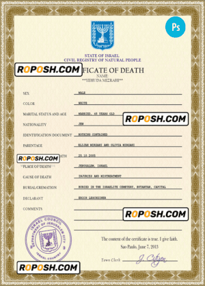 Israel death certificate PSD template, completely editable