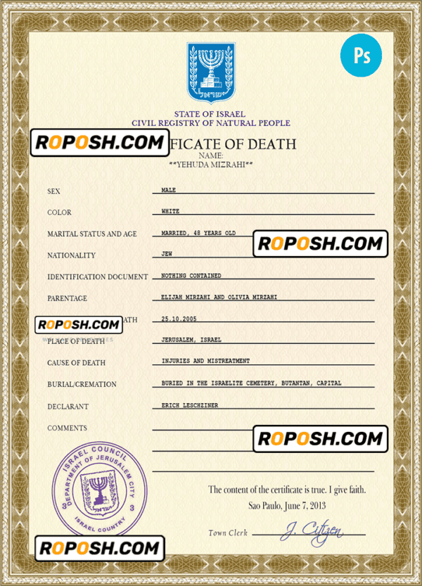 Israel death certificate PSD template, completely editable