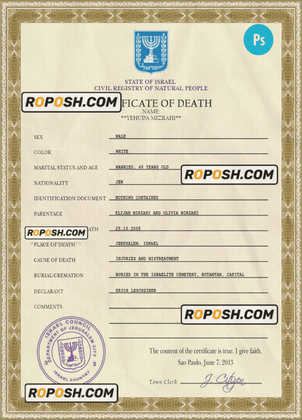 Israel death certificate PSD template, completely editable