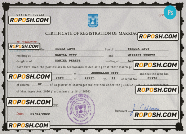 Israel marriage certificate PSD template, completely editable