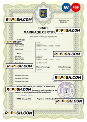 Israel marriage certificate Word and PDF template, completely editable