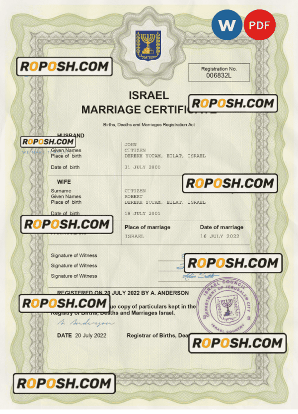 Israel marriage certificate Word and PDF template, completely editable