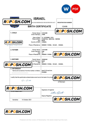 Israel vital record birth certificate Word and PDF template, completely editable