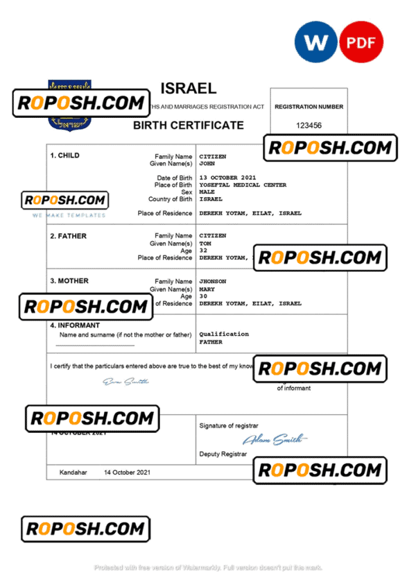 Israel vital record birth certificate Word and PDF template, completely editable