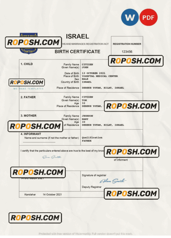 Israel vital record birth certificate Word and PDF template, completely editable
