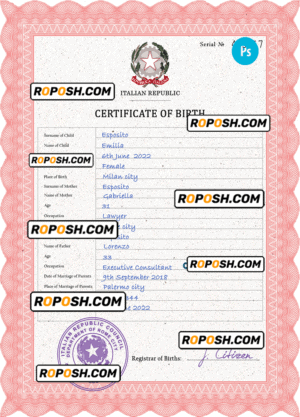 Italy birth certificate PSD template, completely editable