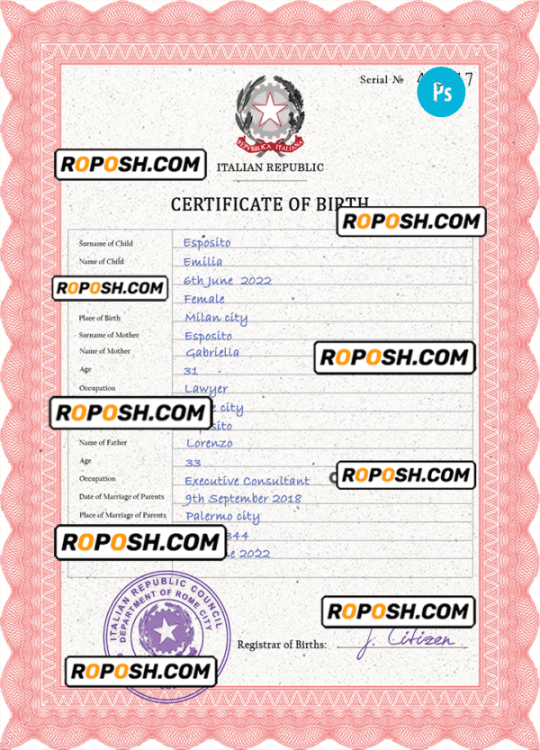 Italy birth certificate PSD template, completely editable