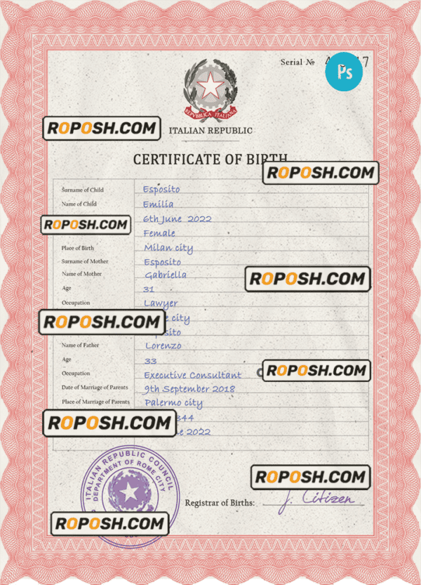 Italy birth certificate PSD template, completely editable