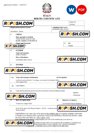 Italy birth certificate Word and PDF template, completely editable