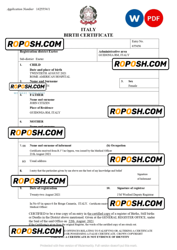 Italy birth certificate Word and PDF template, completely editable