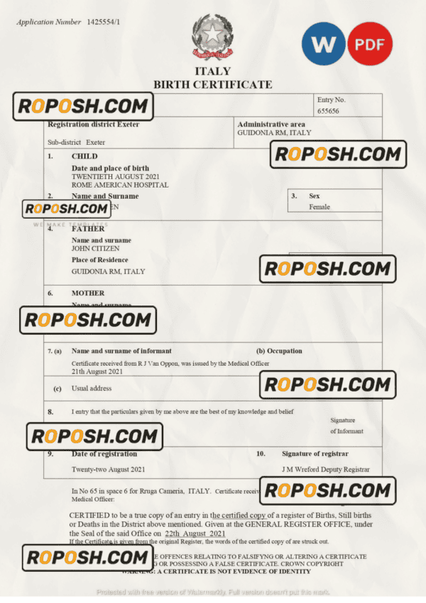 Italy birth certificate Word and PDF template, completely editable