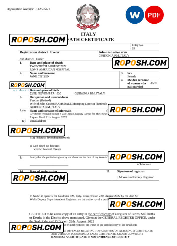 Italy vital record death certificate Word and PDF template