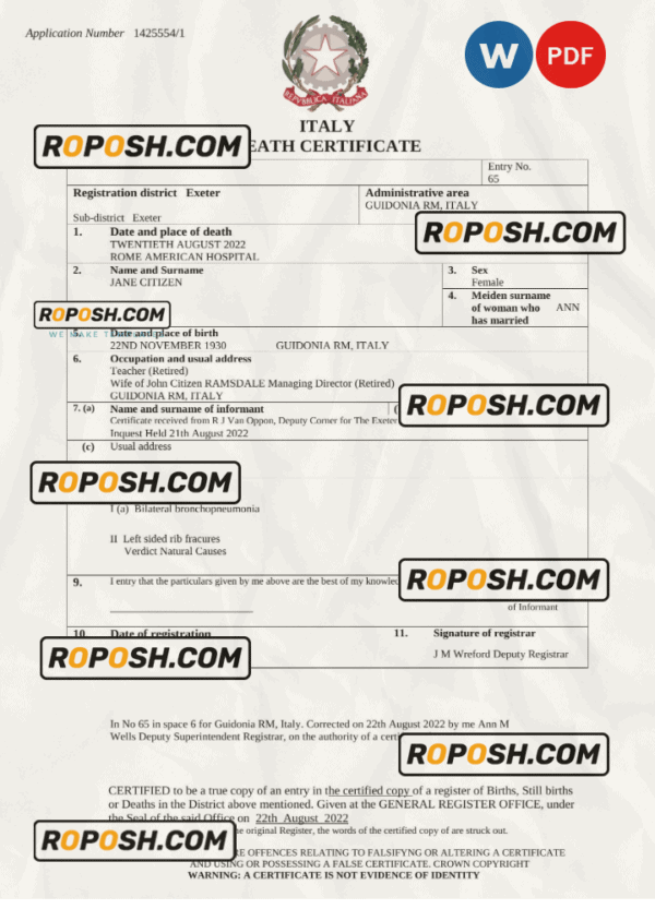 Italy vital record death certificate Word and PDF template