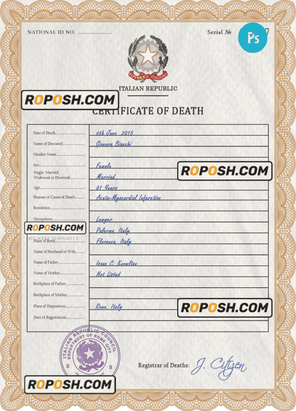 Italy vital record death certificate PSD template, fully editable